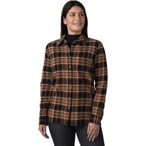 NWT Prana Golden Canyon Flannel Shirt Sz L Plaid Sepia Tan Black Snap Button